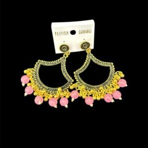 Golden Chandbali Jhumka With Pink Beads