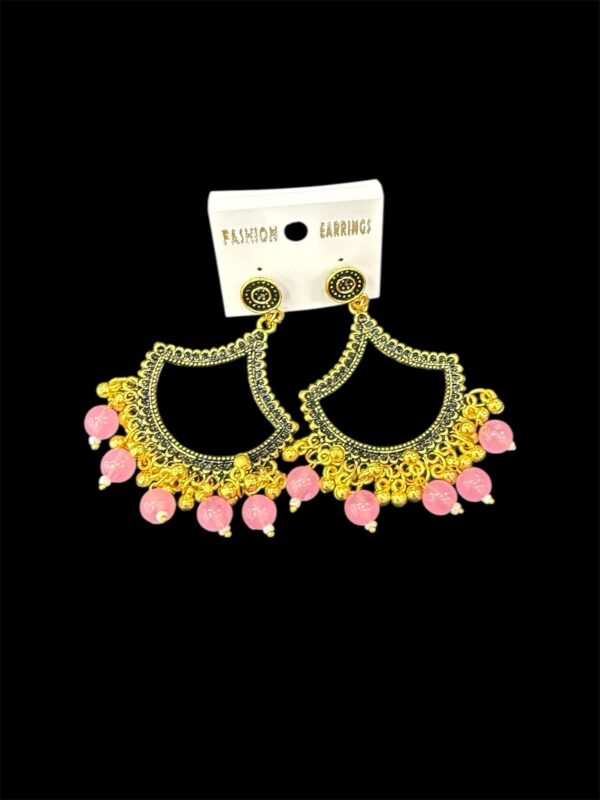 Golden Chandbali Jhumka With Pink Beads